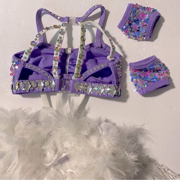 Glamour solo dance costume custom 2 piece lavender rhinestone feather sassy SC - Picture 5 of 12